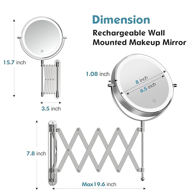 Rechargeable Wall Mounted Makeup Mirror - 8 Inch Double Sided 1X/10X Magnifying Mirror with 3 Color Lights Dimmable Touch Screen, 360°Swivel 19.6 Inch Extendable Accordion Bathroom Mirror - Chrome