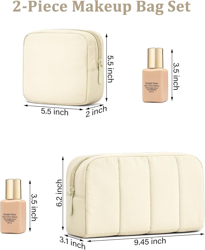 oscaurt 2 Pcs Makeup Bag Travel Toiletry Bag for Women Puffy Padded Cosmetic Pouch Purse Wide-open Makeup Organizer Case Travel Essentials