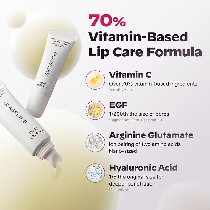 GLASSLIKE Moisture Plumping Vita Lip Serum, revitalizing and volume care for lip, Moisture Plumping Hypoallergenic Lip care, Glass-like Lip - 0.33 fl.oz