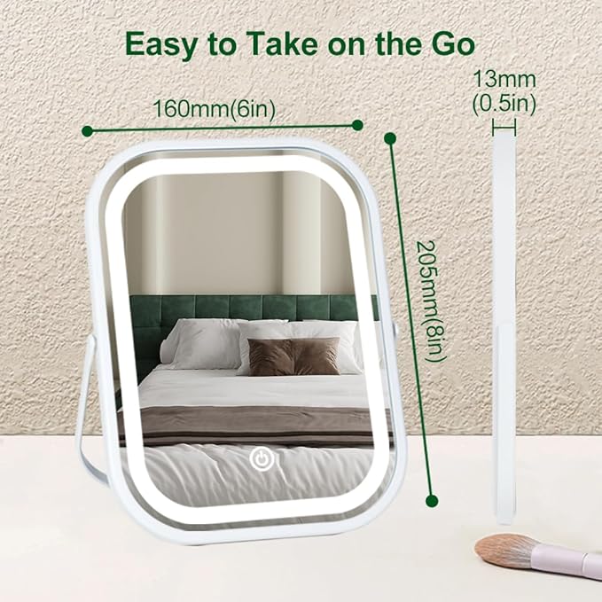 Rechargeable Desk Vanity Makeup Mirror with Lights,8x6 Inch Folding Portable Mirror with Metal Stand Adjustable Rotation,Tavel Make Up Mirror for Table