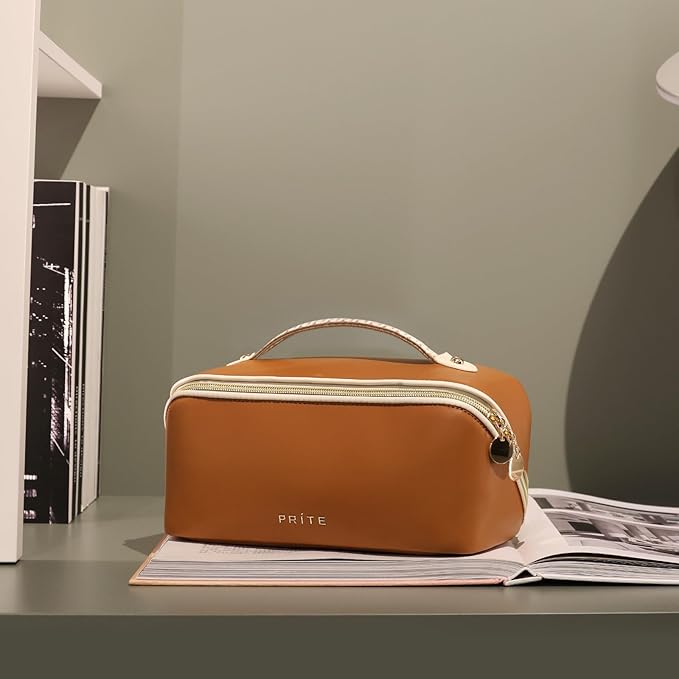 Prite Makeup Bag for Women Travel Waterproof Vegan Leather Cosmetic Bag Open Flat Toiletry Bag With Clear Divider and Handle (Brown)