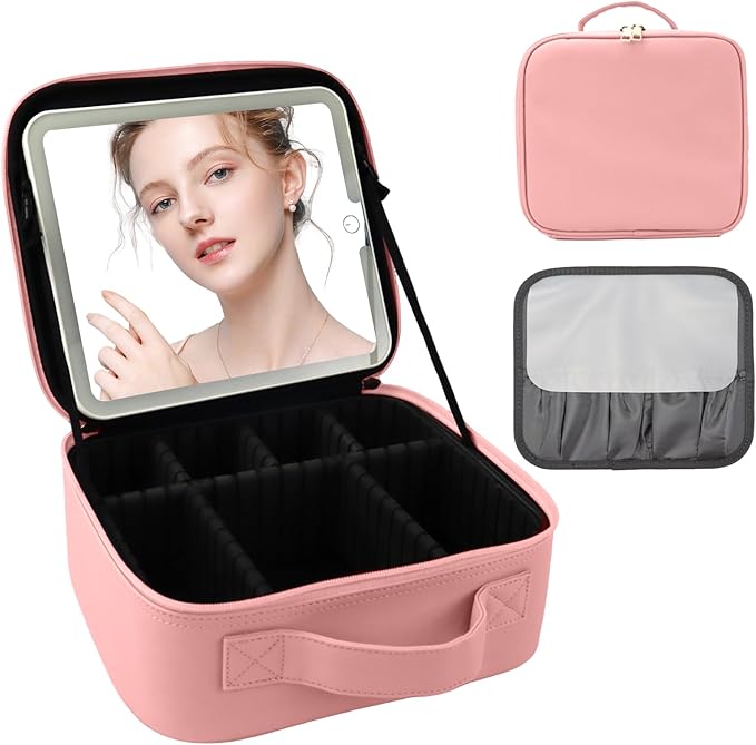 Travel Makeup Bag with LED Mirror Makeup Case with Light Up Mirror Portable Cosmetic Brush Organizer Bag with Adjustable Dividers for Cosmetics Makeup Brushes Toiletry (Pink)