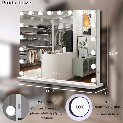 THEKLA 24 x 32 Inch Hollywood Light Vanity Mirror with 18 Bulbs Adjustable 3 Color Lights 32" Vanity Lighted Mirror for Bathroom Bedroom Wall Vanity Makeup Table Mirrors with Lights Base X10 Magnifier