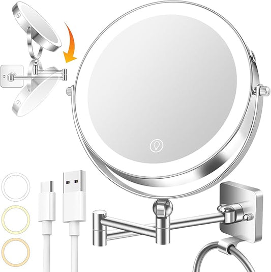 10x Large Wall Mounted Makeup Mirrror, Height Adjustable Lighted Mirror, 8" Double Sided Mirror, 1X/10X Magnifying Bathroom Mirror, 360° Rotation Adjustable, Detachable Ring, 3 Color Lights
