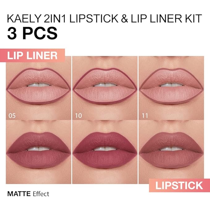 Kaely 3Pcs Gradient Matte Lipstick Lip Liner Pencil Set for Women, 2in1 Flawless Contour Gradual Ombre Effect Lip Pencil Makeup Waterproof, labiales mate 24 horas originales, 05+10+11