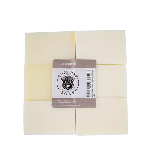BUFF BAR Bison Tallow Buff Soap Bar, Unscented, (6 pack) - Cleans, Moisturizing, Non-Habit Forming, Soothes, and Naturally Derived - No Dyes, Chemicals, Fragrances, Preservatives