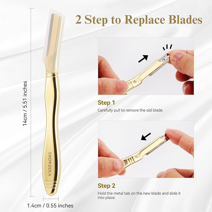 Eyebrow Razor for Women and Men, Face Razors for Women, Dermaplane Razor with Protective Silicone Cover, Reusable Metal Handle with 6 Refill Blades, Skin Care Tool - Shiny Gold
