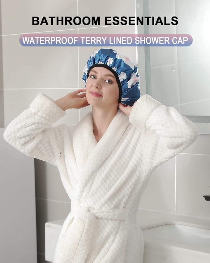 YIZIJIZI Terry Lined Shower Cap,Triple Layer Large Cap for Women,Shower Cap Reusable Waterproof,Long Thick Hair(Blue)