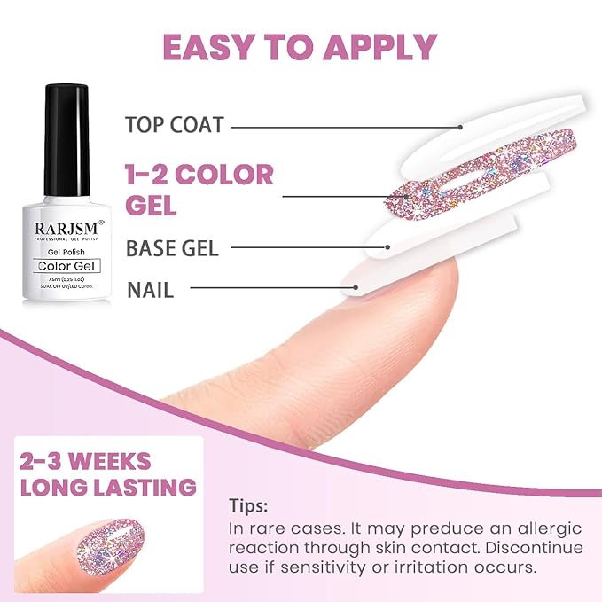 RARJSM Reflective Glitter Gel Polish Purple Pink Sparkle Diamond Gel Polish Sparkling Glitter Iridescent Shimmer Polish Holographic Gelpolish Soak off Nail Art Manicure for Salon DIY at Home