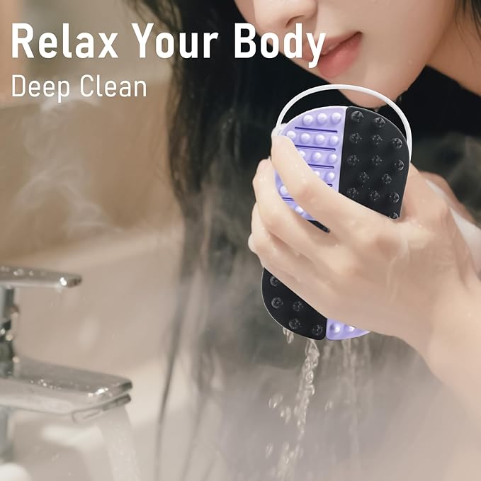 2 in 1 Silicone Body Hair Scrubber Upgraded Bristles Exfoliator Massage Shower Bathing Bath Women Brush Scrubbers for All Skin Body Wash (1pc Black+Purple)