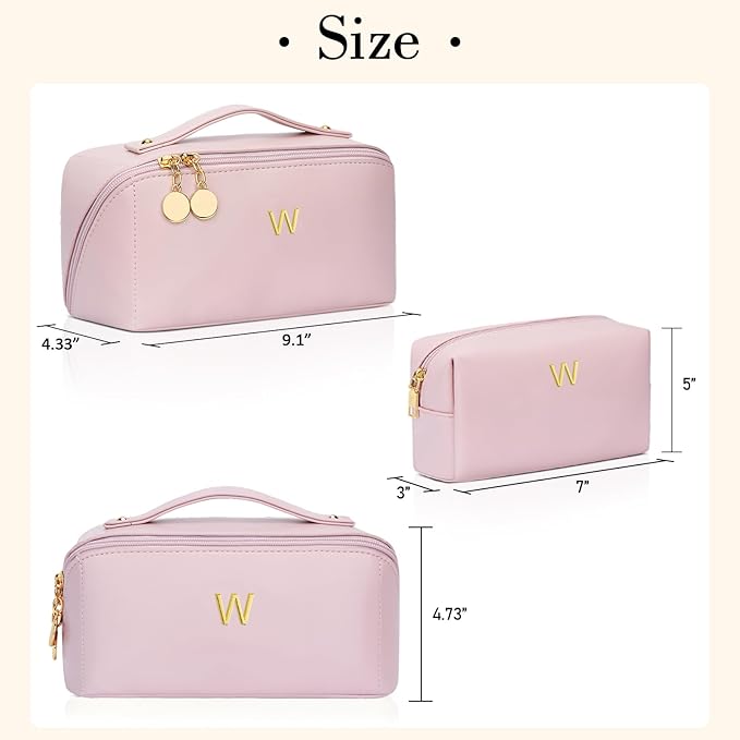 Birthday Gifts for Women Teen Girl, Personalized Initial Makeup Organizer Bag Set, Open Flat Travel Cosmetic Bag With Clear Divider and Handle(Pink,W)