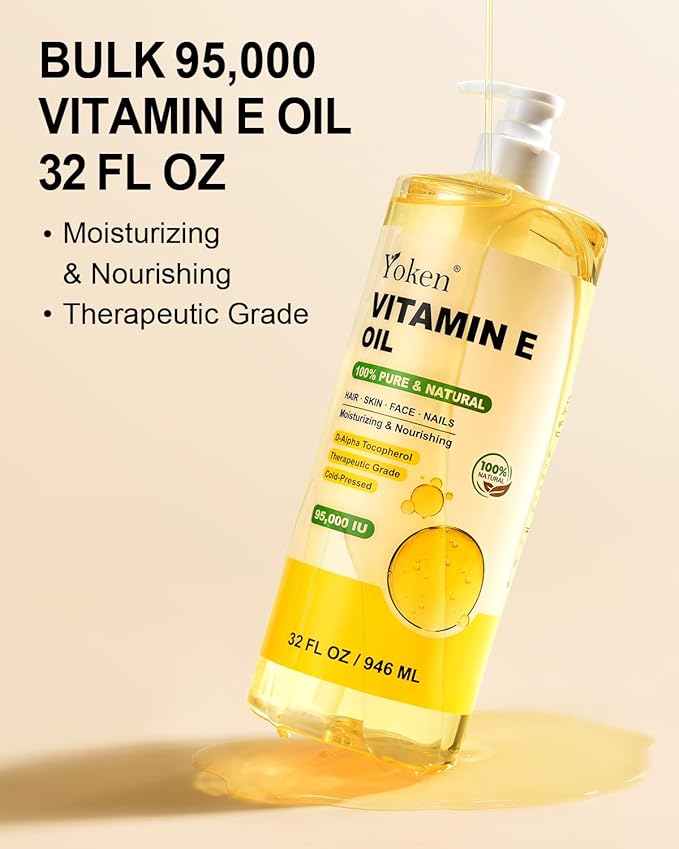 Yoken Vitamin E Oil 32 Fl Oz Organic Vitamin E oil for Skin 95,000 IU Vitamine oils for Scars Hair,Face,Nail,Scalp Perfect DIY Bath and Body Oil Cold Pressed Hexane Free Non-GMO Gluten Free Formula