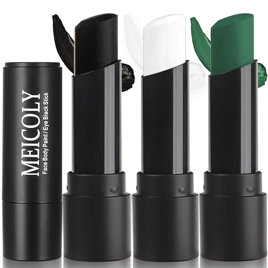 MEICOLY 3PCS Black White and Green Face Body Paint Stick,Waterproof Eye Black Baseball Softball Football,Face Paint Stick for Halloween SFX Cosplay Makeup