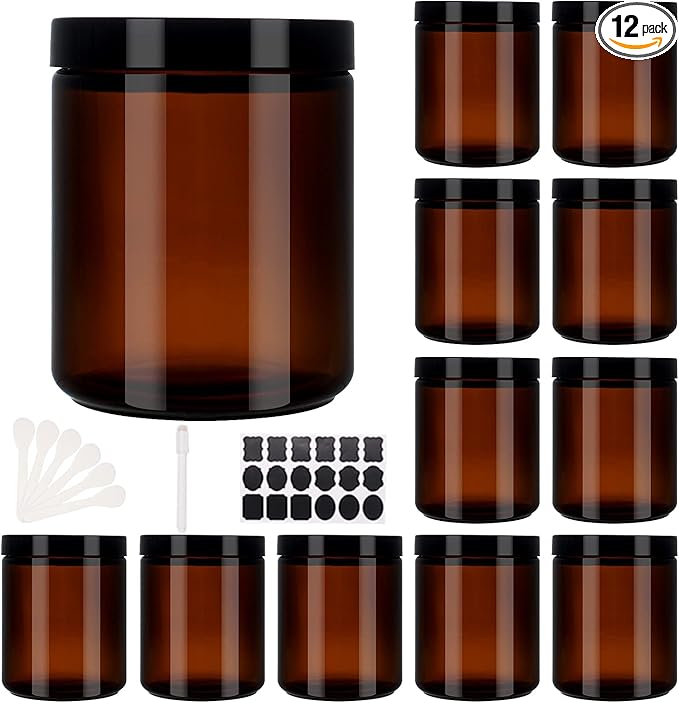 12 Pack 8 oz Round Amber Glass Cosmetic Jars with Black Lids, Spatula, Chalk Labels, Pen, Candle Holder, Refillable Containers for Makeup, Cream, Sugar Scrubs, Bath Salts