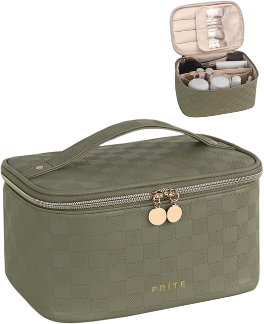 Prite Makeup Bag Portable Cosmetic Organizer with Brush Holder Waterproof Travel Toiletry Bag for Women with Handle and Divider (Checkered Green)