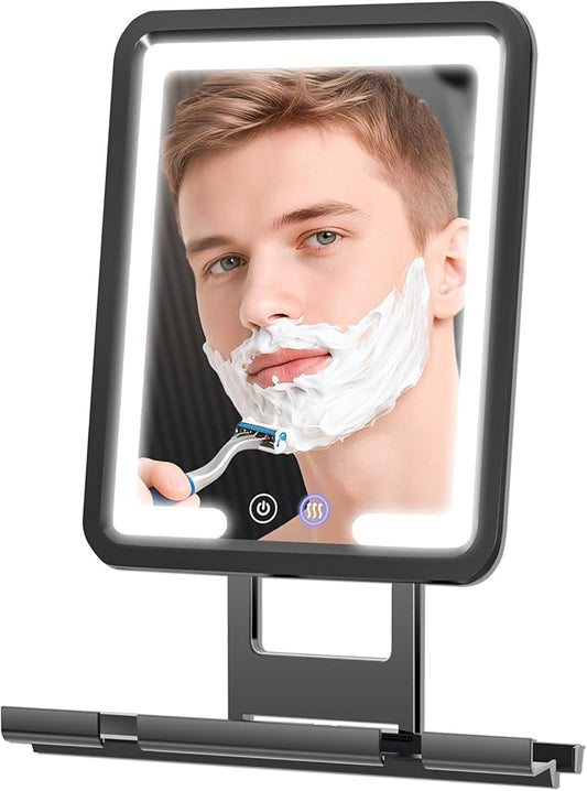 Shower Mirror Fogless for Shaving 7x9in Heated Anti Fog Mirror 3 Color Dimmable Lighted Mirror Rechargeable with Storage Tray Razor Holders 360° Rotatable Black Fog Free Bathroom Mirror for Men