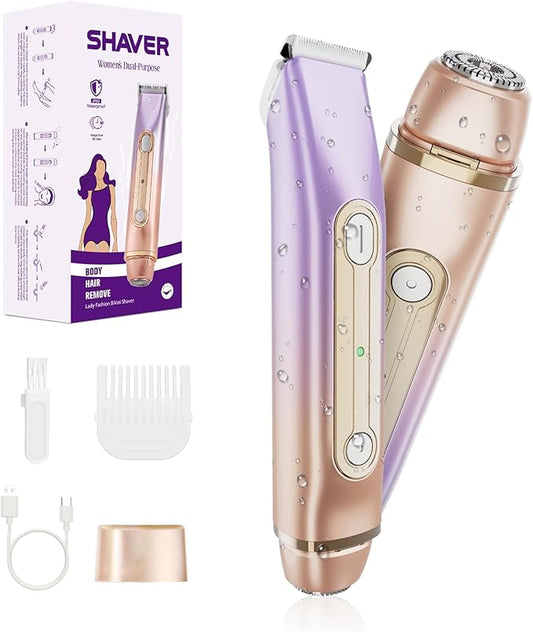 Bikini Trimmer for Women, 2-in-1 Dual Head Electric Shaver for Women, IPX6 Waterproof, Painless Body Hair Trimmer and Facial Hair Remover for Underarm, Leg, Arm, Face, Purple