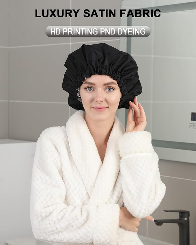 YIZIJIZI Shower Cap,Shower Caps for Women Reusable Waterproof,Two Layer Large Shower Caps Reusable Suitable for All Types of Straight Hair, Curly Hair, Long Hair,Braids (black)