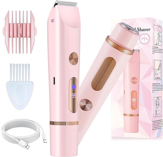 Bikini Trimmer for Women, Electric Razors for Women, Shaver With LCD Display, 2 in 1 Dual-Head Bikini Shaver, Rechargeable Razors, for Bikini Line Legs Underarms and Private Parts,Dry/Wet(Pink)