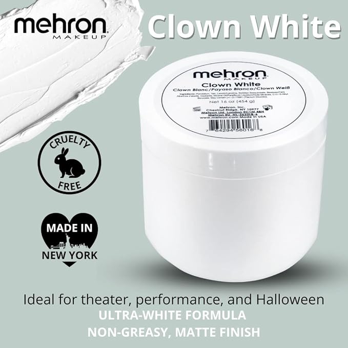 Mehron Makeup Clown White Professional Face Paint Cream Makeup | White Face Paint for Stage, Film, Cosplay, & Mime | Halloween Clown 16 oz (453g)