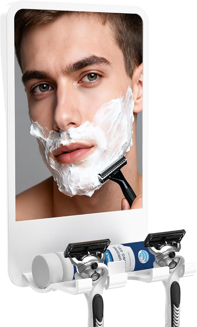 Shower Mirror for Shaving Fogless with Multifunctional Storage for Razor and Shaving Foam Canister,Adjustable Angle Mirror (White)