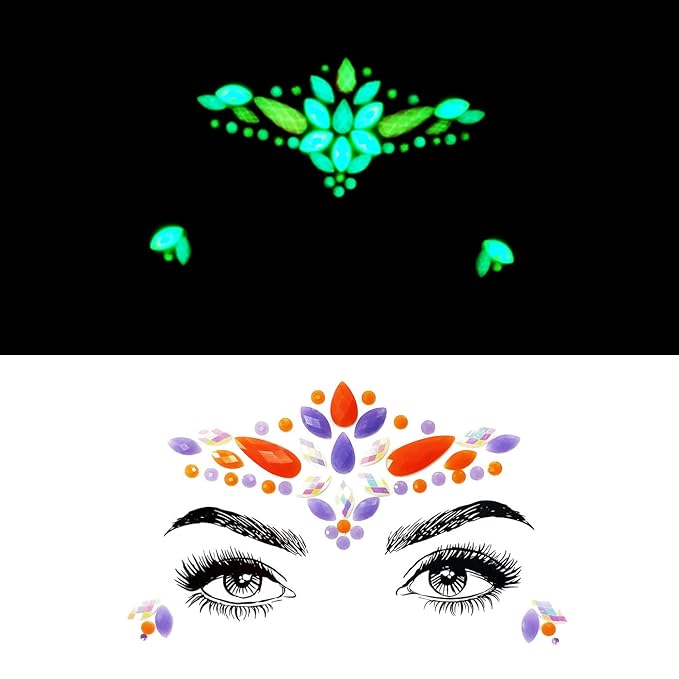 6 Pcs Halloween Noctilucent Glow Face Gems, Night Glow Face Jewels for Party and Festival, Fluorescence Rhinestone Face Stickers