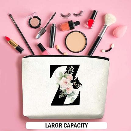 Floral Cat Initial Makeup Bag, Personalized Skin Care Bag, Travel Organizer Toiletry Bags for Women Mom Friends, Cosmetic Bags Makeup Pouch with Zipper, Letter Z