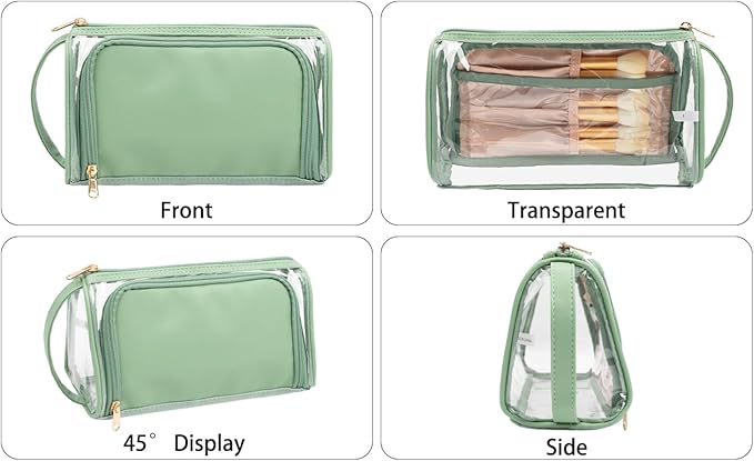 CUBETASTIC Clear Cosmetic Bags, Transparent Plastic Makeup Zipper Pouch Travel Makeup Up Organizer Case, Portable Cute Small Toiletry Bag with Handle and Side Compartment, Green