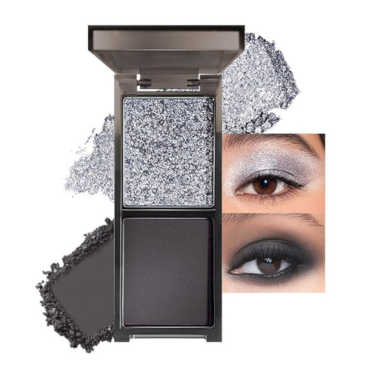 Gray Black Two Color Matte Shimmer Glitter Eyeshadow,Bright Eye Shadow Powder,Professional Long-Lasting Waterproof Makeup Palette,Blendable,Easy-To-Apply and Compact for Travel