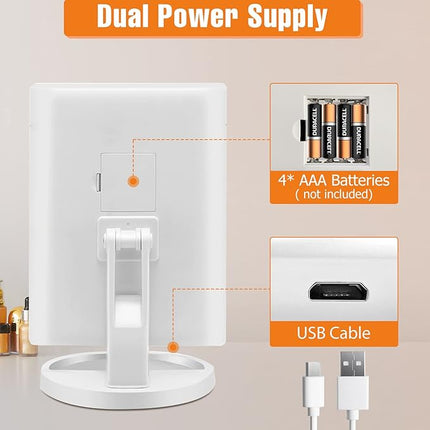 FASCINATE Trifold Vanity Mirror with Lights, Lighted Makeup Mirror 2X/3X Magnification, 21 LED Touch Dimming, Dual Power 180° Rotation Lit Beauty Table Mirror, Make up Mirror with Lighting