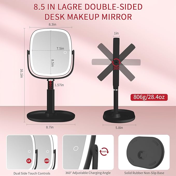 Lighted Makeup Mirror, 2600mAh Rechargeable 1x/10x Magnifying Vanity Mirror, 8.5" Height Adjustable Makeup Mirror with Lights 3 Color, 360° Rotation 2-Sided Light up Large Desk Mirror - Black