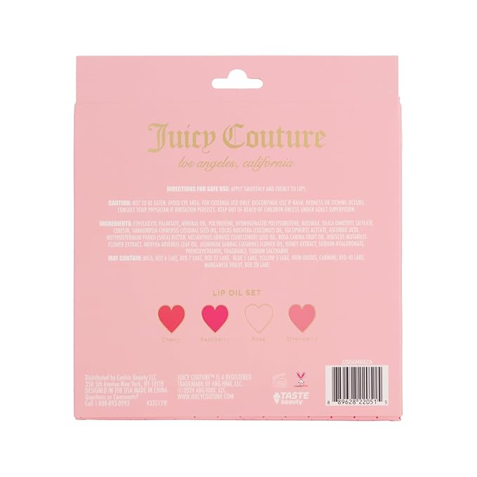 Juicy Couture 4 Pack Lip Oil Set - Cherry, Rose, Raspberry, & Watermelon, Mini Oil Tubes Perfect for On-the-Go Application & Touch Ups