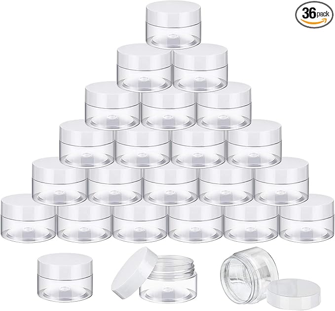SATINIOR 36 Pieces 2.5 oz Plastic Jars with Lids Wide Mouth Airtight Reusable Container Acrylic Cosmetic Small Jars for Lotions Ointments Travel Toiletries Creams Make up Storage(White)