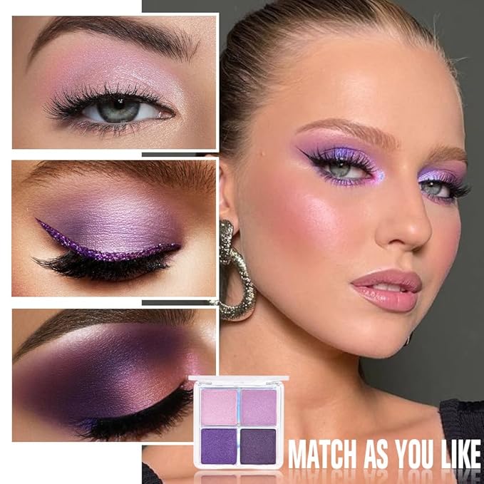 4 Colors Dark Purple Pink Eye Shadow Powder Palette Makeup, Neutral Matte Shimmer Cream Quads Eyeshadow Palette for Women Highly Pigmented Waterproof, paleta de sombras de ojos, Vegan, 05