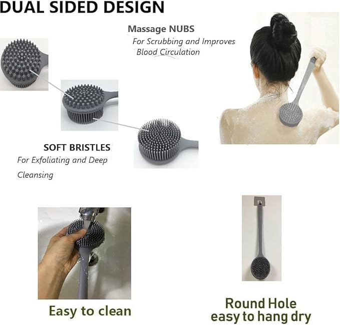 Silicone Body Scrubber - Long Handle Back Scrubber, Shower Exfoliator