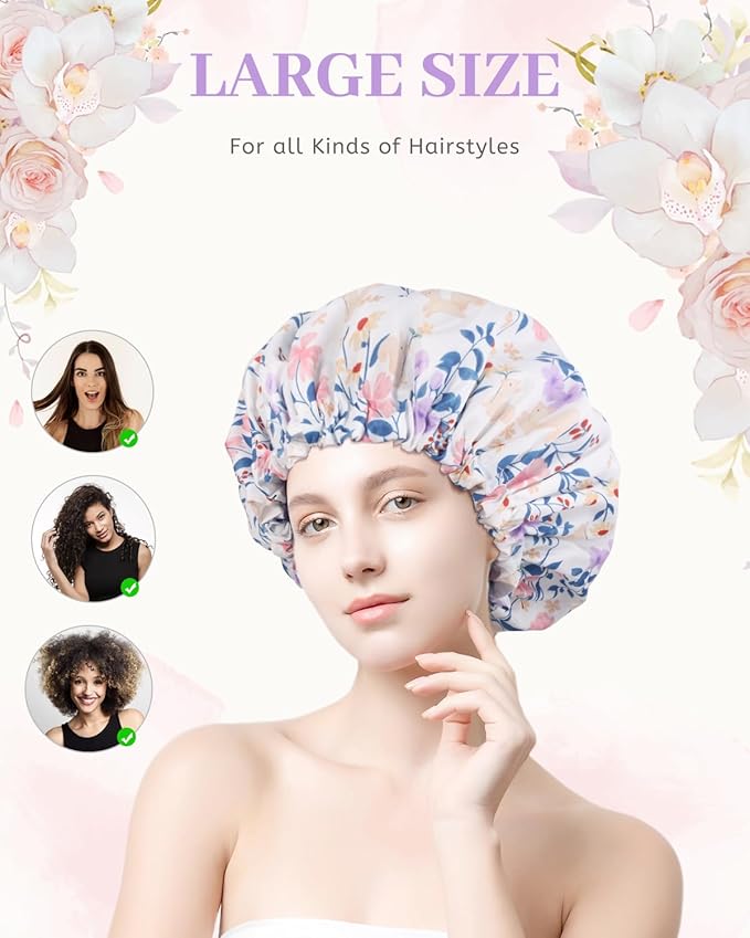 Aquior Shower Caps, Double Layer Waterproof Shower Cap for Women, Reusable Large Shower Cap for all Hair Lengths with EVA Lining, Soft Bath Shower Caps