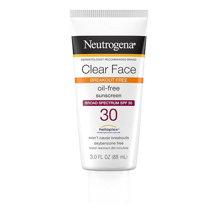 Neutrogena Clear Face Sunscreen Lotion for Acne-Prone Skin, Broad Spectrum SPF 30 Facial Sunscreen for Oily Skin, Fragrance- & Oxybenzone-Free Water Resistant, 3 fl. oz