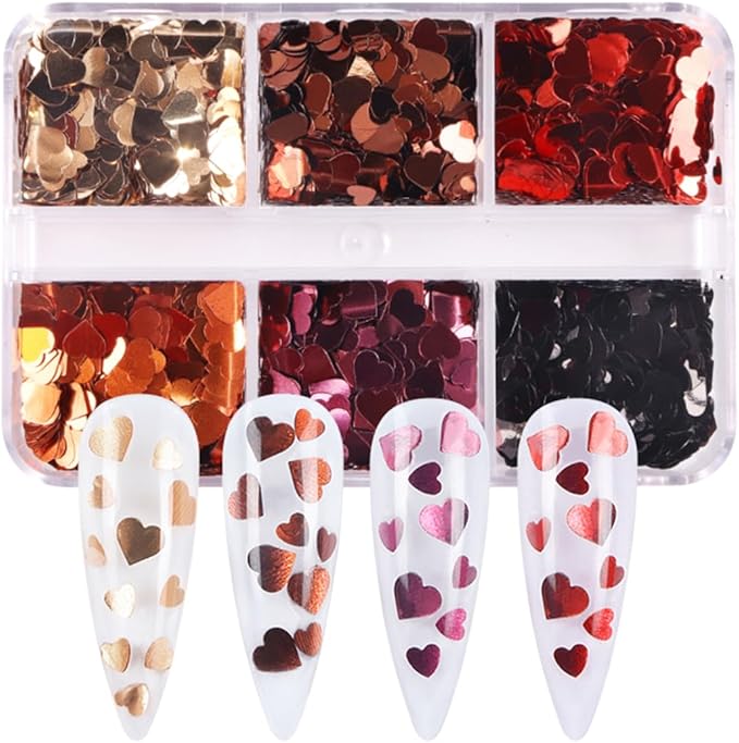 3D Heart Nail Art Glitter Sequins Laser Holographic Nail Glitter Flakes Sparkly Valentine's Nail Supplies Colorful Hearts Nail Sequins Accessories for Women Acrylic Nail Decoration Tips 6Grids