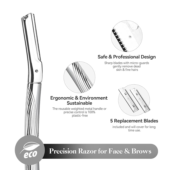 Eyebrow Razor, Face Razors for Women and Men, Reusable Metal Handle with 6 Refill Blades, Eyebrow Trimmer with Precision Cover, Dermaplane Razor, Skin Care Tool - Shiny Silver