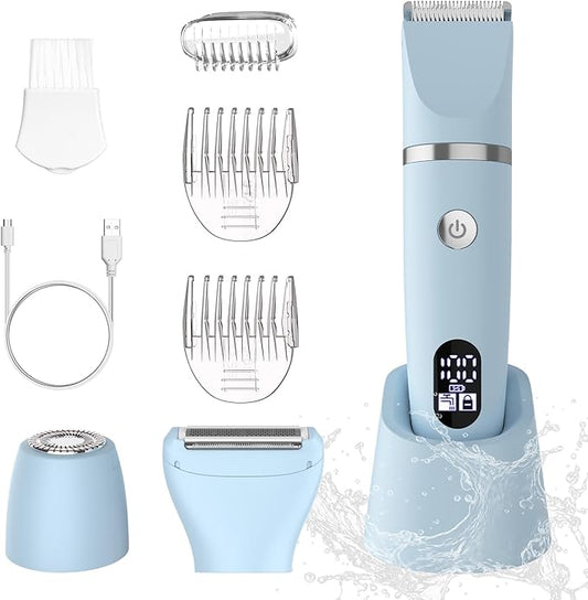 3-in-1 Electric Razor IPX7 Waterproof Bikini Trimmer Wet & Dry Use Painless Personal Trimmer Groomer for Ladies Face Body Legs Bikini Public Hairs Electric Lady Shaver with Replaceable Heads