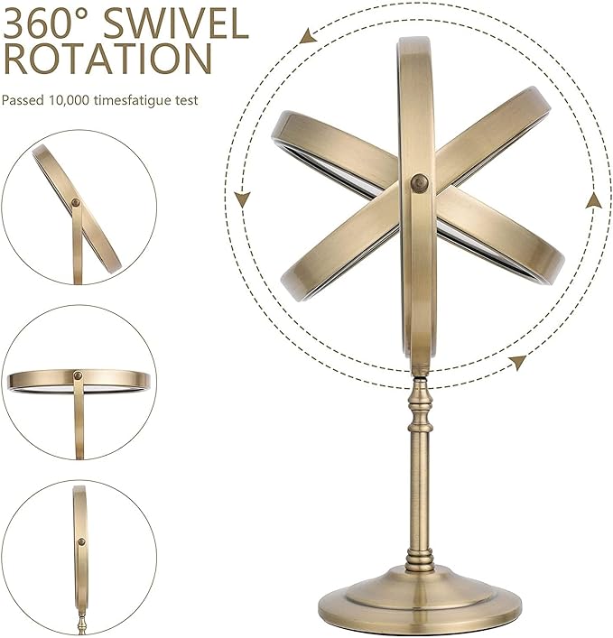 Antique Brass Makeup Mirror 1X/10X Free Standing 8 Inches 360 Swivel Dual-Sided Tabletop Makeup Mirror, Metal