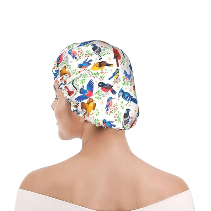 Birds Pattern Shower Cap For Women Reusable Waterproof Double Layers Bath Cap Hair Protection Elastic Ladies Spa Salon Shower Hat