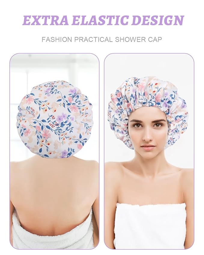 Aquior Shower Caps, Double Layer Waterproof Shower Cap for Women, Reusable Large Shower Cap for all Hair Lengths with EVA Lining, Soft Bath Shower Caps