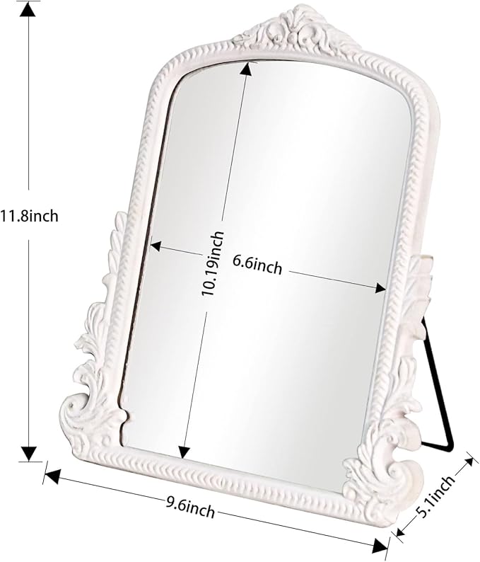 11.8" x 9.6" Small White Arched Vanity Mirror, Vintage Makeup Mirror Baroque Style Arendahl Carved Mirror with Frame for Desk Decorative Table Aesthetic for Dresser,Bedroom,Living-Room