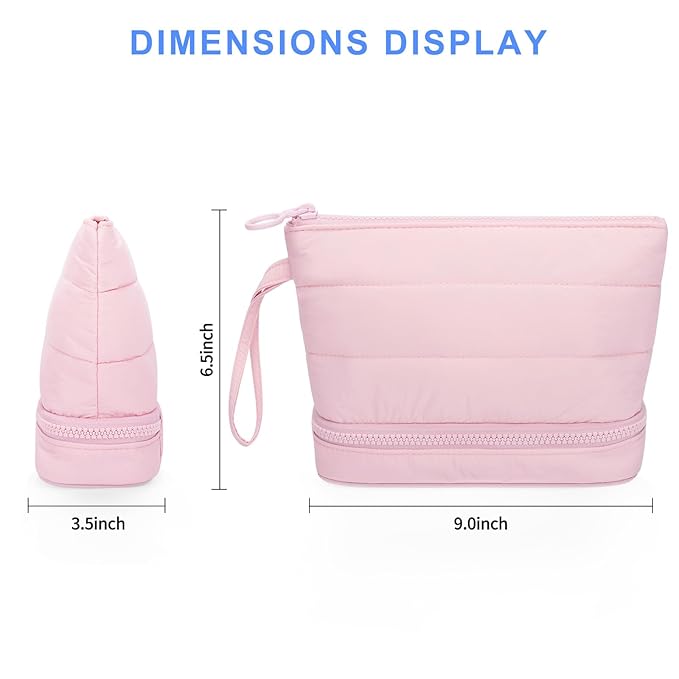 Ethereal Small Makeup Bag, Cute Puffy Travel Makeup Organizer Bag for Women Daily Double Layer Cosmetic Bag Portable Makeup Brush Bags, Pink