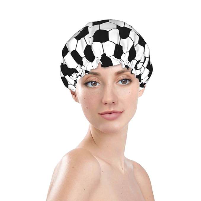 Sport Football Pattern Shower Cap For Women Reusable Waterproof Double Layers Bath Cap Hair Protection Elastic Ladies Spa Salon Shower Hat
