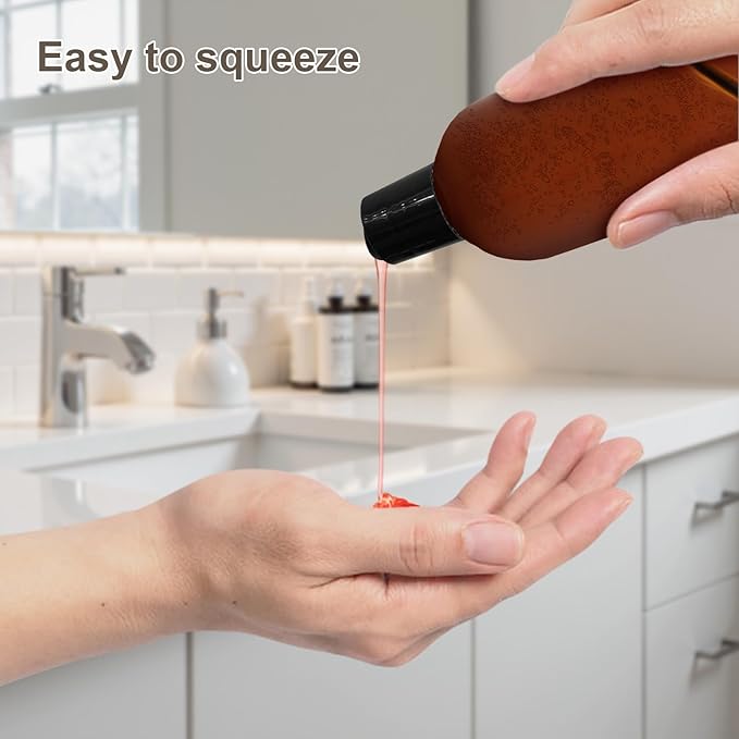 6 Pack 8 oz Amber Plastic Squeeze Bottles with Black Disc Caps Refillable Empty Travel Containers Bottles for Shampoo Conditioner Toiletries Lotions Oils BPA Free