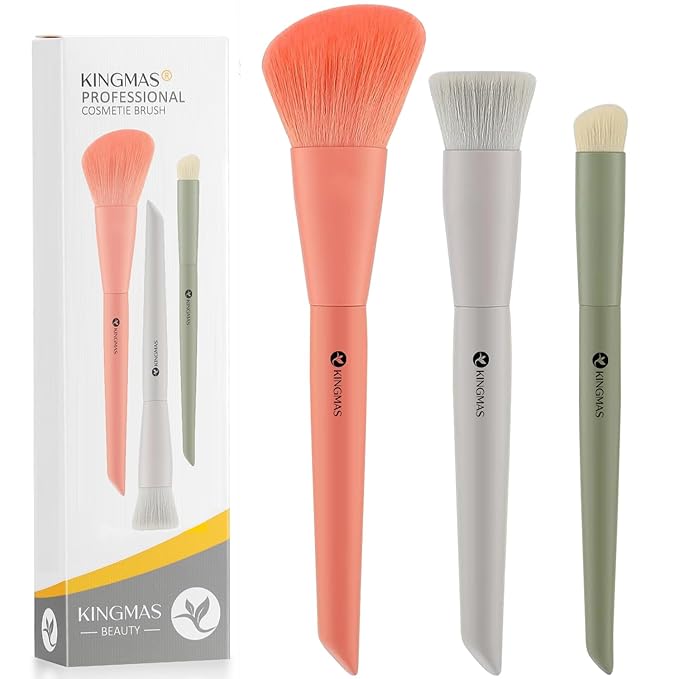 KINGMAS 3Pcs Foundation Brush Contour Concealer Brush Set, Under Eye & Blusher Brush Face Kabuki Makeup Brushes