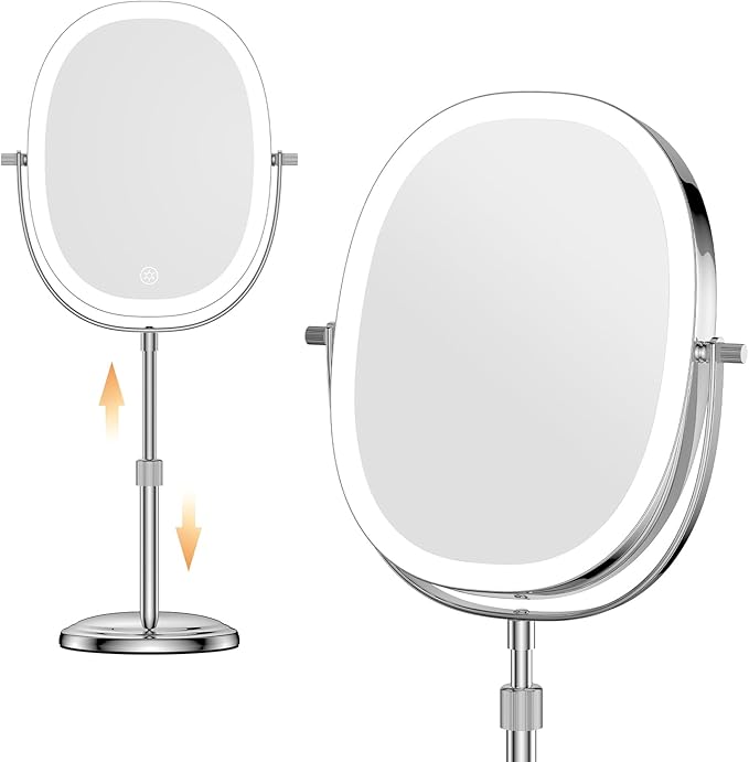 9″ Makeup Mirror with Lights, 7X Magnification, Height Adjustable Vanity Mirror, Rechargeable 3 Color Lighting Mode, 360° Swivel Double Sided Magnifying Mirror, Chrome, Gift for Women