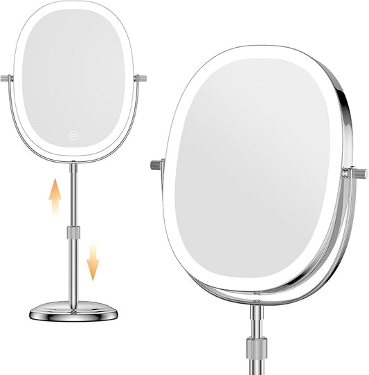 9″ Makeup Mirror with Lights, 7X Magnification, Height Adjustable Vanity Mirror, Rechargeable 3 Color Lighting Mode, 360° Swivel Double Sided Magnifying Mirror, Chrome, Gift for Women